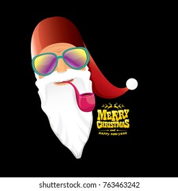 vector bad rock n roll dj santa claus with smoking pipe, beard and greeting gold christmas calligraphic text isolated on black background. Christmas rock hipster party poster background or invitation.