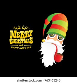 vector bad rock n roll dj santa claus with smoking pipe, beard and greeting gold christmas calligraphic text isolated on black background. Christmas rock hipster party poster background or invitation.