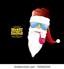 vector bad rock n roll dj santa claus with smoking pipe, beard and greeting gold christmas calligraphic text isolated on black background. Christmas rock hipster party poster background or invitation.
