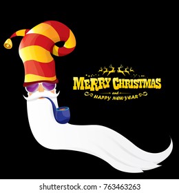 vector bad rock n roll dj santa claus with smoking pipe, beard and greeting gold christmas calligraphic text isolated on black background. Christmas rock hipster party poster background or invitation.