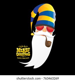 vector bad rock n roll dj santa claus with smoking pipe, beard and greeting gold christmas calligraphic text isolated on black background. Christmas rock hipster party poster background or invitation.