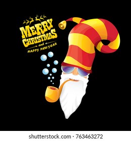 vector bad rock n roll dj santa claus with smoking pipe, beard and greeting gold christmas calligraphic text isolated on black background. Christmas rock hipster party poster background or invitation.
