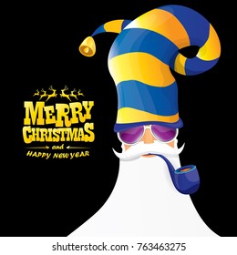 vector bad rock n roll dj santa claus with smoking pipe, beard and greeting gold christmas calligraphic text isolated on black background. Christmas rock hipster party poster background or invitation.