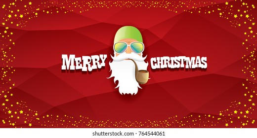 vector bad rock n roll dj santa claus with smoking pipe, beard and greeting calligraphic text on red horizontal banner background with stars. Red Christmas party hipster horizontal poster background .