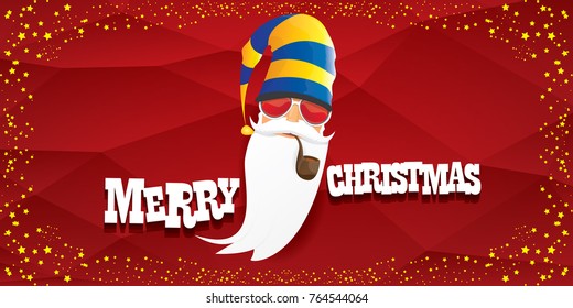 vector bad rock n roll dj santa claus with smoking pipe, beard and greeting calligraphic text on red horizontal banner background with stars. Red Christmas party hipster horizontal poster background .