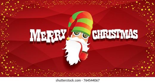 vector bad rock n roll dj santa claus with smoking pipe, beard and greeting calligraphic text on red horizontal banner background with stars. Red Christmas party hipster horizontal poster background .