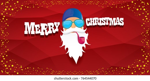 vector bad rock n roll dj santa claus with smoking pipe, beard and greeting calligraphic text on red horizontal banner background with stars. Red Christmas party hipster horizontal poster background .