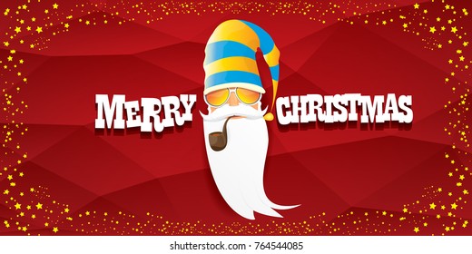 vector bad rock n roll dj santa claus with smoking pipe, beard and greeting calligraphic text on red horizontal banner background with stars. Red Christmas party hipster horizontal poster background .