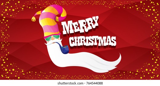 vector bad rock n roll dj santa claus with smoking pipe, beard and greeting calligraphic text on red horizontal banner background with stars. Red Christmas party hipster horizontal poster background .