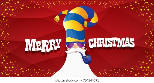 vector bad rock n roll dj santa claus with smoking pipe, beard and greeting calligraphic text on red horizontal banner background with stars. Red Christmas party hipster horizontal poster background .