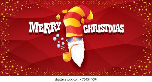 vector bad rock n roll dj santa claus with smoking pipe, beard and greeting calligraphic text on red horizontal banner background with stars. Red Christmas party hipster horizontal poster background .