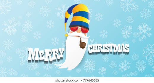 vector bad rock n roll dj santa claus with smoking pipe, beard and greeting calligraphic text on blue horizontal banner with snowflakes. Christmas party hipster horizontal poster background .