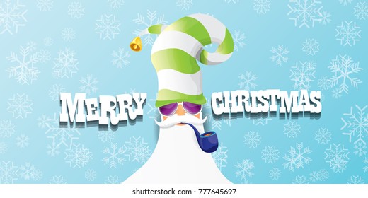 vector bad rock n roll dj santa claus with smoking pipe, beard and greeting calligraphic text on blue horizontal banner with snowflakes. Christmas party hipster horizontal poster background .