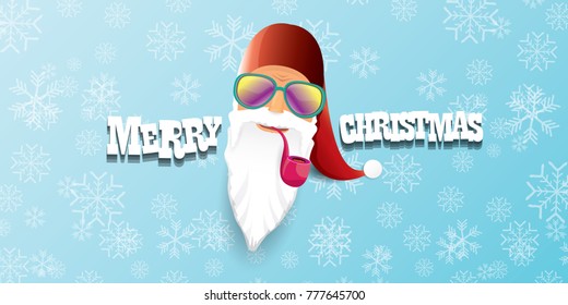 vector bad rock n roll dj santa claus with smoking pipe, beard and greeting calligraphic text on blue horizontal banner with snowflakes. Christmas party hipster horizontal poster background .