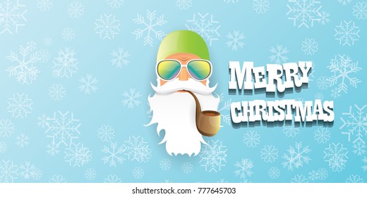 vector bad rock n roll dj santa claus with smoking pipe, beard and greeting calligraphic text on blue horizontal banner with snowflakes. Christmas party hipster horizontal poster background .