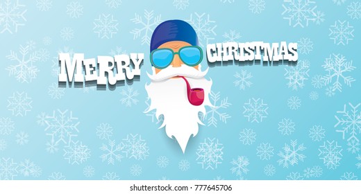 vector bad rock n roll dj santa claus with smoking pipe, beard and greeting calligraphic text on blue horizontal banner with snowflakes. Christmas party hipster horizontal poster background .