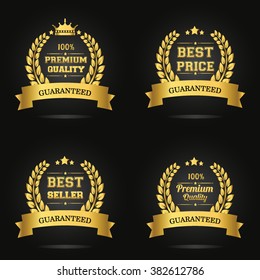 Vector badge collection. Premium quality guaranteed golden label, Best seller golden label, Best price golden label.