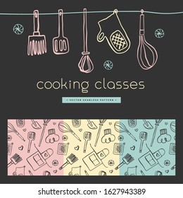 Vector badge for Cooking classes. Seamless pattern for banner of cooking courses. Kitchen utensils pattern. Vector templates for bakehouse packaging in trendy line ink style. Bread house banner.