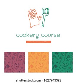 Vector badge for Cooking classes. Seamless pattern for banner of cooking courses. Kitchen utensils pattern. Vector templates for bakehouse packaging in trendy line ink style. Bread house banner.