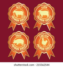 Vector badge with cow, lamb, pork, chicken guaranteeing the premium quality