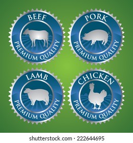 Vector badge with cow, lamb, pork, chicken guaranteeing the premium quality 