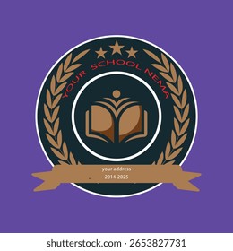 Vector badge design featuring an open book icon, laurel wreath, and stars. Ideal for educational branding, institutional emblems, award logos, and certificate designs. Fully editable EPS format.
