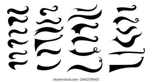 Vector badge elements bundle with whimsical curls, scrolls, swirls, and whooshes. Great set for sporty athletics logos, decorative accents, and run or under text design. Collection of baseball swoosh