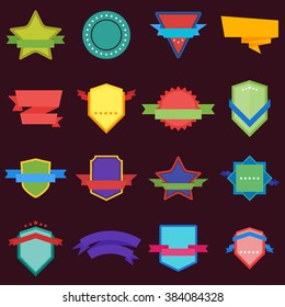 Vector badge. Empty blank seal icon, round banner, ribbon, shield, emblem, stamp, logotype or label design template illustration. Big vector badge collection isolated on black background.
