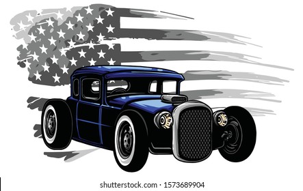 Vector badge executed in retro print style with colors misregistration effect on the background of American symbolism.