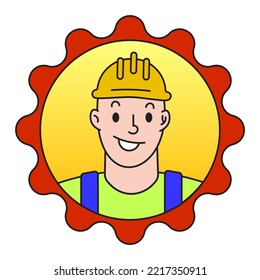 Vector badge featuring a smiling male builder with yellow hard hat inside a red gear-shaped frame.