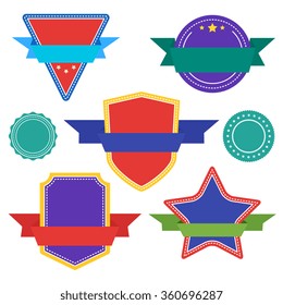 Vector badge flat modern style vector illustration. Seal icon round banner with ribbon and stars. Retro and modern emblem collection. Different shape blank badge set.