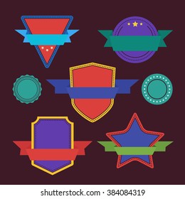 Vector badge flat modern style vector illustration. Seal icon round banner with ribbon and stars. Retro and modern emblem collection. Different shape blank badge set.