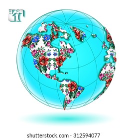 Vector badge of globe with convex floral (pixel art embroidery) continents. Eps 10.