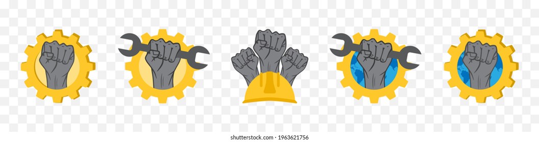 Insignia vectorial, icono establecido para el Día del Trabajo o Día del Trabajo. Badges con elementos industriales y manos levantadas.