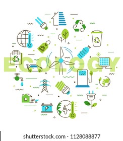 Vector badge and infographic concept of ecology problem in flat style. Contains such Icons as Car Battery, Earth Environment, Eco Bag, Electric Car, Energy Efficiency, Energy Saving,  Gas Pump, Global