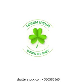 Vector badge logo design with green shamrock leaf. Irish symbol, st. Patrick's day celebration, decor, design element. Isolated on white. Vector illustration.