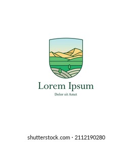 Vector Badge Logo Of Nature Country Side In Colorful Style. Cartoon Icon Of Simple Landscape With Trees, Fields, Mountains Business Emblems For A Cottage, Farming, Ranch And Ecology Concepts