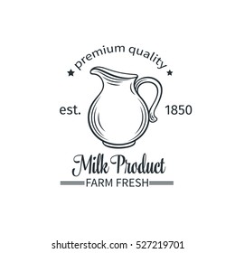 Vector badge milk jug. Logo milk product, emblem in old style.