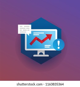 Vector badge red arrow on computer monitor. Infographics concept for presentation or financial report. Increase and decrease of indicators in graphic diagram.