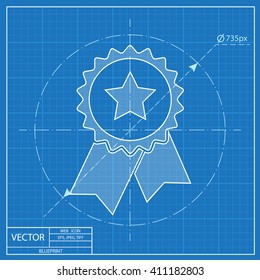 Insignia del Vector con las cintas y el icono de las estrellas en el fondo azul, Ilustración vectorial