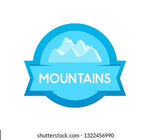 Vector badge round shape of Mountains blue form isolated on white. Logo for travel camping, expedition and nature parks. Sticker or banner design template.