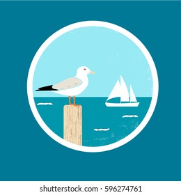 Vector badge with seagull and silhouette of ship