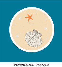 Vector badge with seashell, starfish and pearls on the sand