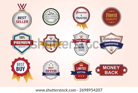 Vector badge set for Sales Quality Assurance. Ideal for e-commerce trust seals, certified product labels, guarantee stamps, and premium quality branding.