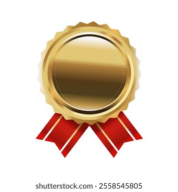 Vector badge with shiny gold circle frame with red color ribbon. Luxury emblem illustration on white background.