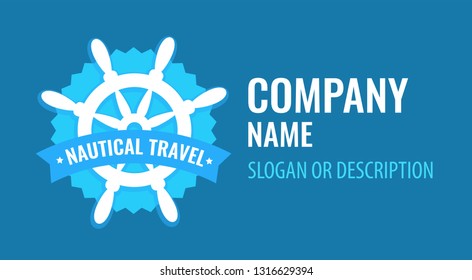 Vector badge with ship steering wheel isolated on white background. Blue logo emblem of travel company. Coat of arms with caption Nautical Travel.