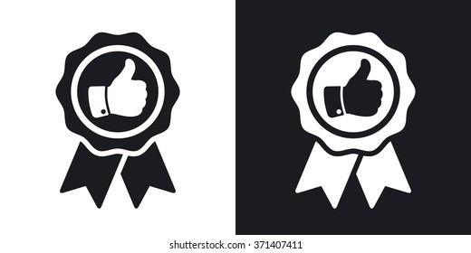 Vector badge with thumbs up icon. Two-tone version on black and white background