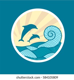 Vector badge with wave, sun and dolphin