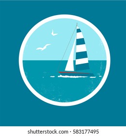 Vector badge with yacht and birds