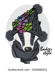 Vector badger with glasses, grey knitted hat and scarf. Hand drawn illustration of dressed badger.